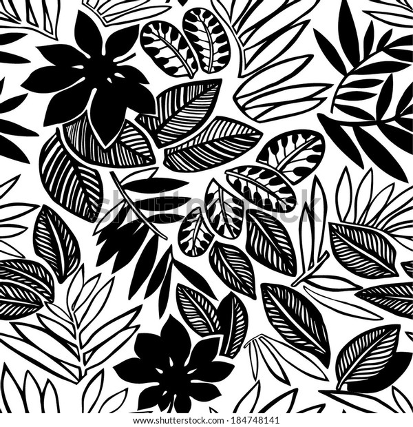 Tropical leaves. Black and white illustration
