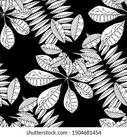 Tropical Leaves. Black and White Pattern Seamless