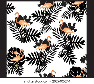 Tropical leaves black and white pattern with tropical flamingo .  Vector seamless pattern design. Tropical  leaf and flower illustration.