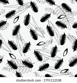 Tropical leaves black and white seamless pattern for background, wrapping paper, fabric. Modern Botanical endless repeating motif for surface design.