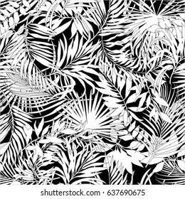 Tropical leaves in black and white vector seamless pattern