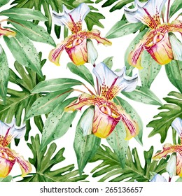 Tropical leaves and blooming orchids, dense jungle. Seamless, hand-painted, watercolor pattern. Vector background.