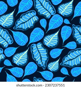 Tropical leaves in blue color seamless vector repeat pattern. Tropical blue leaves seamless surface pattern design. Suitable for tiles, decoration, textile, fabric, and much more.