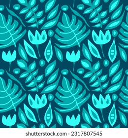 tropical leaves in blue and sky blue shades seamless vector repeat pattern. Tropical leaves, monstera, branches seamless vector repeat pattern.