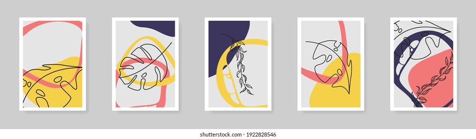 Tropical leaves boho style vector walpaper background set with abstract shapes in colorful flat style, decoration for poster or invitation pattern collection illustration.