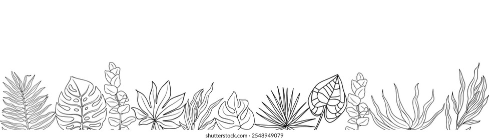 Frontera de hojas tropicales. Anuncio Horizontal, fondo de superposición botánica. Ilustración vectorial dibujada a mano de estilo de boceto de tinta monocromática verde de moda aislada sobre fondo blanco.