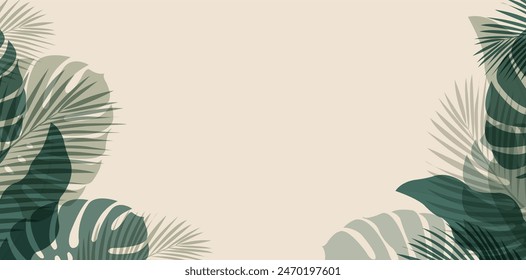 Tropical Leaves Border Isolated Pastel Background  With Gradient Mesh, Vector Illustration