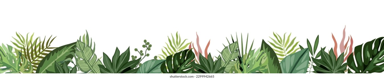 Las hojas y ramas tropicales bordean. Ilustración botánica de moda. Verdor para la invitación a la boda, tarjetas de felicitación, decoración, diseño de papelería. Arte vectorial aislado en fondo blanco