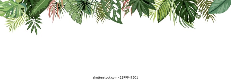 Tropical leaves and branches border. Trendy botanical illustration. Greenery for wedding invitation, greeting cards, decoration, stationery design. Vector art Isolated on white background