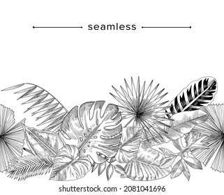 Tropical Leaves and Branches Seamless Pattern, Doodle Background. Rainforest Decorative Composition, Hand Drawn Border or Sketch Frame with Engraved Botanical Elements. Linear Vector Illustration