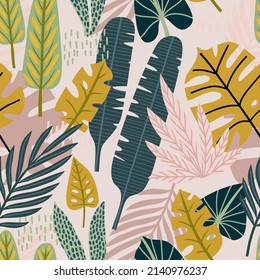 Tropical leaves and branches seamless pattern with doodle illustrations. Stylish tropical background. Nature illustration for wrapping paper, textile, decorations.