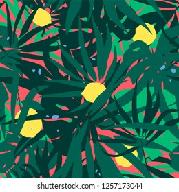 Tropical leaves. Bright decorative seamless texture. Background with palm tree leaf, monstera leaves and lemon tree fruit. Vector pattern.