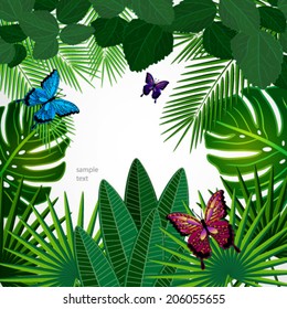 Tropical leaves with butterflies. Floral design background.