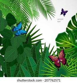 Tropical leaves with butterflies. Floral design background.