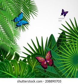 Tropical leaves with butterflies. Floral design background.