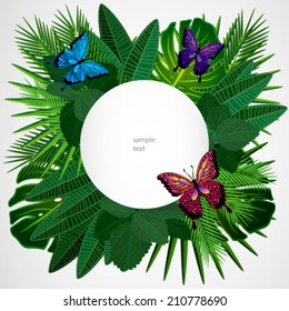 Tropical leaves with butterflies. Floral design background.