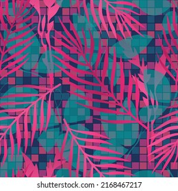 Tropical leaves and butterflies. Summer background. Seamless pattern. Vector illustration.