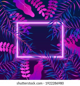 Tropical leaves card with neon lights frame. Vector illustration