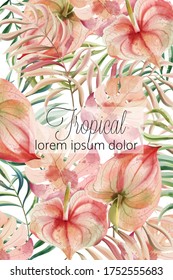 Tropical leaves card with place for text. Watercolor. Vector