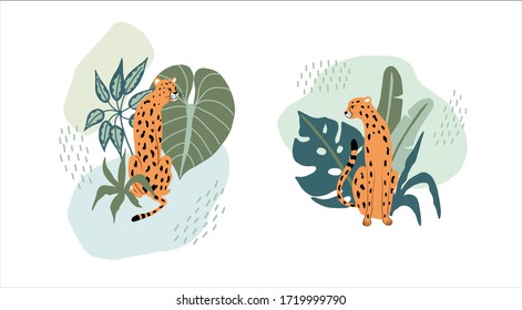 Tropical leaves and cheetah, leopard or jaquar art. Exotic wild cats and leaves isolated vector spot graphics. African wildcats arrangements are ideal for cards, invitations, stickers, posters.