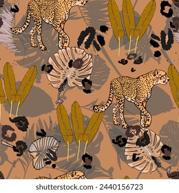 Tropical leaves and cheetah seamless illustration. Leopard and jungle. Fashionable tiger pattern. Print for wrapping paper. textiles, preparation for designers