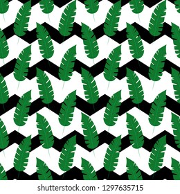 Tropical leaves with chevrons seamless pattern, vector illustration