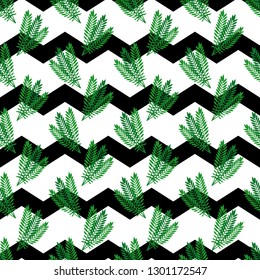Tropical leaves with chevrons seamless pattern, vector illustration