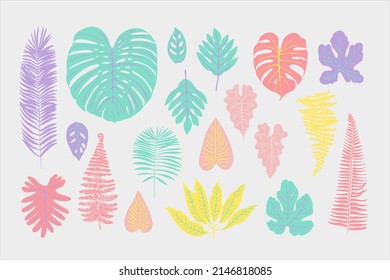 Tropical leaves chewing gum color. Tropics flowers and plants. Pink, blue, purple