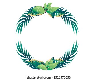 Tropical leaves in circle floral design frame concept flat vector illustration on white background