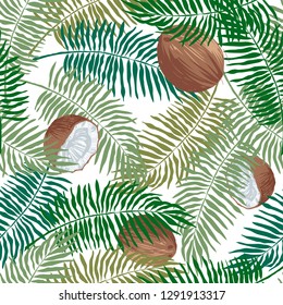 Tropical leaves and coconuts seamless pattern, vector