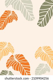 Tropical leaves, collected in a composition.Botanical abstract postcard for your text.Vector design for greeting card,wall framed prints,invitation,cover and poster.Natural floral Frame for your text