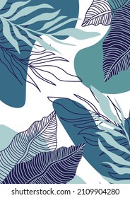 Tropical leaves, collected in a composition.Botanical abstract postcard for your text.Vector design for greeting card,wall framed prints,invitation,cover and poster.Natural floral Frame for your text