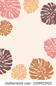 Hojas tropicales, recogidas en una composición.Postal abstracta botánica para el texto.Diseño vectorial para tarjeta de saludo, impresiones enmarcadas en pared, invitación, cubierta y afiche.Marco floral natural para el texto
