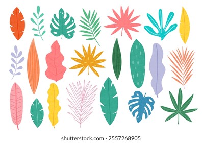 Tropical leaves collection. Abstract leaf and doodle textures, tropic elements of summer palm, geometrical modern floral tribal art. Jungle isolated drawing elements for decor. Botanical 