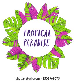Tropical leaves collection. Vector isolated elements on the white background. Round frame made of palm leaves