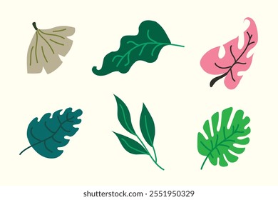 Tropical leaves collections set. Floral elements vector illustration set. Tropical leaves in various shapes and sizes, including monstera, palm, and fern leaves