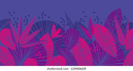 Tropical leaves color illustration. Banana, palm tree foliage texture. Exotic leafage with text space. Blue, violet, pink tropic plants silhouettes background. Decorative hawaiian vector banner design