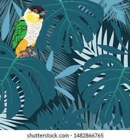 tropical leaves and colorful bird, vector background 