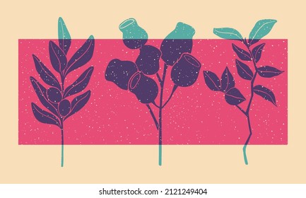 Tropical Leaves. Colorful Cute Screen Printing Effect. Riso Print Effect. Vector Illustration. Graphic Element  For Fabric, Textile, Clothing, Wrapping Paper, Wallpaper