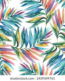 Tropical leaves colorful paradise palm leaves in jungle. Seamless exotic detailed botanical pattern. Vector colorful trendy background. watercolor illustration 