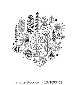 Tropical leaves composition. Linear graphic. Tropical background. Scandinavian style. Vector illustration