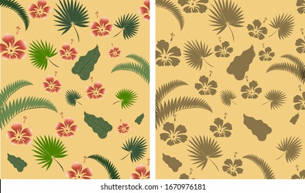 Tropical leaves composition with red flowers. Warm time. Vector