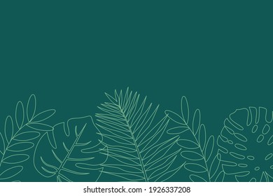 Tropical leaves, contour drawing. Pattern in exotic style in green color. Free space for text framed by a frame of plants