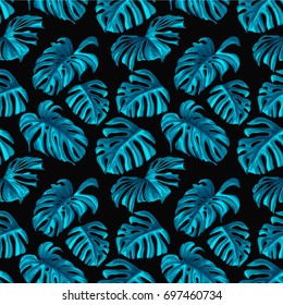 Tropical leaves and coral flowers on black background. White zigzag. Exotic seamless pattern. Vector botanical print. Jungle foliage.