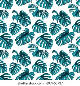 Tropical leaves and coral flowers on black background. White zigzag. Exotic seamless pattern. Vector botanical print. Jungle foliage.