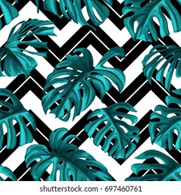 Tropical leaves and coral flowers on black background. White zigzag. Exotic seamless pattern. Vector botanical print. Jungle foliage.