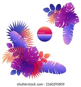 Tropical leaves corner composition isolated on white. Floral arrangement of banana palm, fan, fern and monstera leaves. Purple, orange, red and blue color gradient. Vector element for summer design.