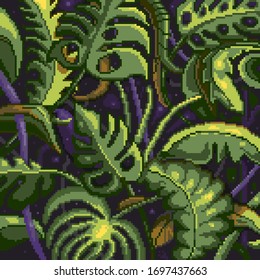 Tropical leaves in dark colors with rays of yellow light on a purple background. Vector illustration of jungle texture in retro style. 8-bit pixel graphics of tropical plants for video game and app.