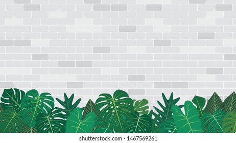Tropical leaves decoration on white brick wall background - Vector illustration 