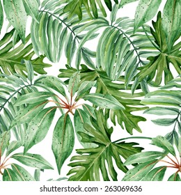 Tropical Leaves, Dense Jungle. Seamless, Hand Painted, Watercolor Pattern. Vector Background.